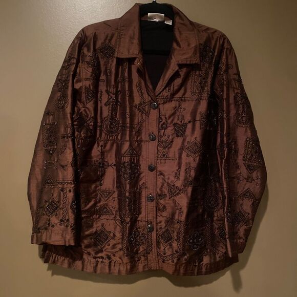 Chico’s Design 100% Silk Embroidery Blazer Jacket Size 2 (Large) Brown Beaded - Picture 2 of 15